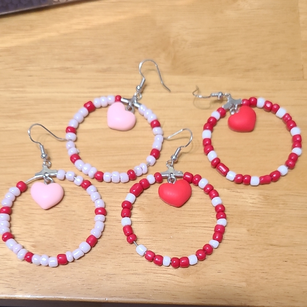 3/$10 Valentine Red and Pink Beaded Heart Earrings